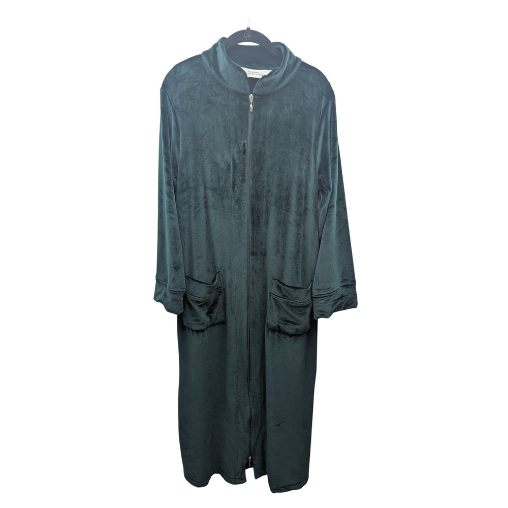 Vermont Country Store Zip Front Robe Womens Small Green Cozy Core Velour Plush